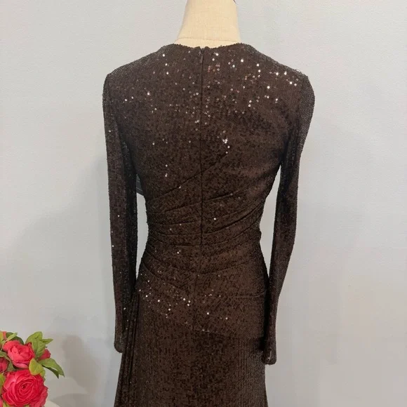 IEENA Mac Duggal Chocolate Brown Sequins Embellished Long Sleeve High Slit Gown
